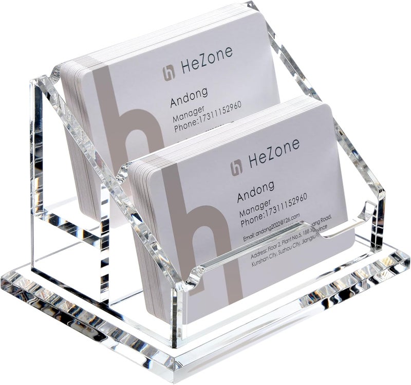 HeZone Acrylic Business Card Holder For Desk Clear Business Card Display Stand 2 Tier 2 Slots Business Cards Holders for Men And Woman, Organize 100 Cards-1 Pack (2 Solt-H) - Image 1